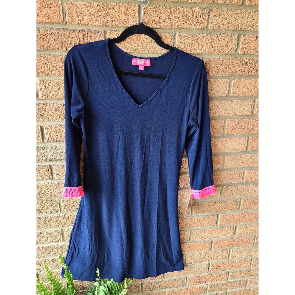 ​NWT Kaeli Smith Navy Lulu Dress Pink Fringe Trim UPF 50+ XS
